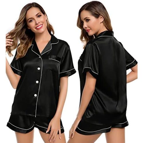LecGee Womens Silk Satin Pajamas Short Sleeve Loungewear Two-Piece Sleepwear Button-Down Pj Set