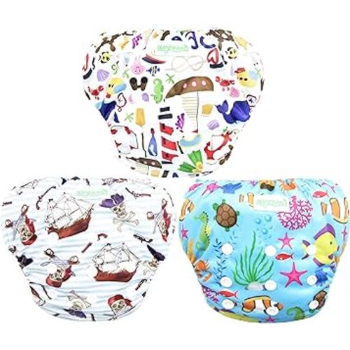 wegreeco Baby & Toddler Snap One Size Adjustable Reusable Baby Swim Diaper (Sealife,Small,3 Pack)