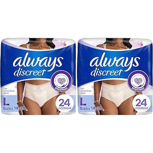 Always Discreet for Sensitive Skin Underwear, Four Times Skin Protection, Dermatologically Tested, Fragrance-Free, Maximum Absorbency, Large, 24 Count