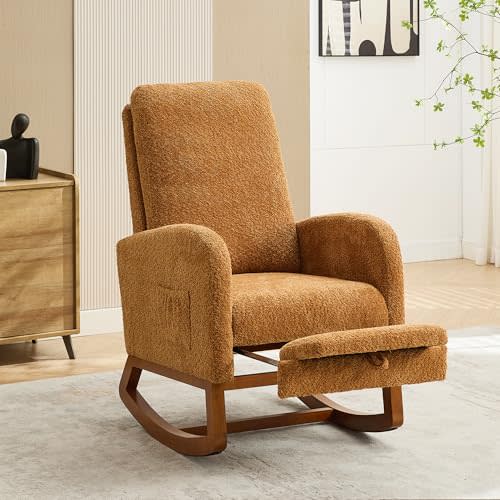 DWOYFO Nursery Rocking Chair with Foot Rest, Upholstered Glider Chair with Two Side Pockets, High Back Nursing Chair, Rocker Accent Armchair for Bedroom Living Room (Caramel)