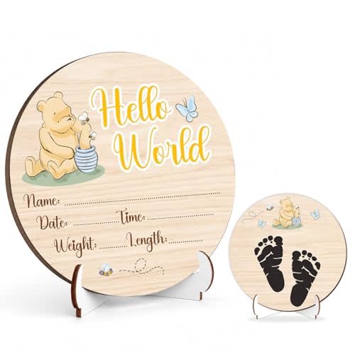Winnie Baby Wooden Newborn Birth Sign, Winnie Hello World Newborn Signs, Babies Name Sign, The Pooh Baby Announcement Signs Photography Prop, Double Sided Hello World for New Mom Babies Party