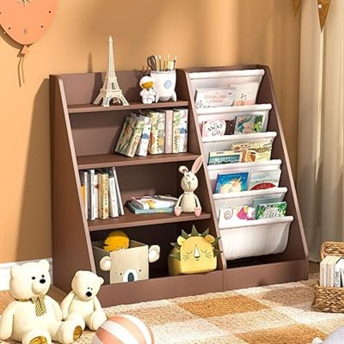 NACHES 4 Tier Kid Bookshelf Wooden 5 Sling Children Bookcase Toddler Montessori Bookcase Book Rack Display Toy Storage Organizer Book Display Shelf Stand Bedroom Nursery Playroom