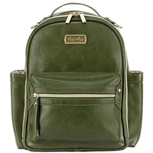 Itzy Ritzy Chic Mini Diaper Bag Backpack with Vegan Leather Changing Pad, 8 Total Pockets (4 Internal and 4 External), Handle and Rubber Feet, Olive with Rainbow Pattern Interior
