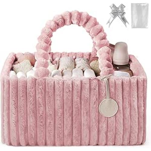 Blissful Diary Flannel Diaper Caddy Organizer, included Gift Packaging, Cozy Nursery Storage Basket, Gift for Baby Shower, Newborn Essentials, Blush Pink