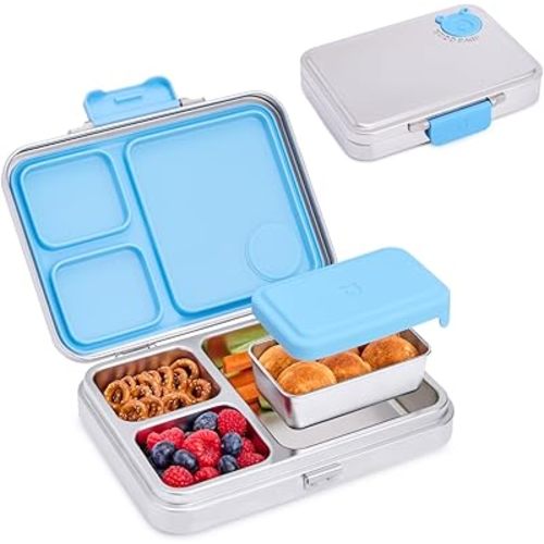 Good Bare Stainless Steel Leakproof Bento Lunch Box - Metal food containers with lids, for kids & adults, Sandwich Friendly, Dishwasher Safe, Non-toxic, Bonus Dip & Snack Container (Sky Blue)