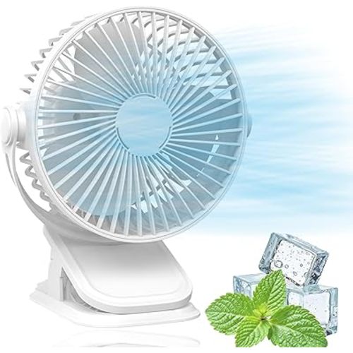 wakouter Portable Clip on Fan, USB Rechargeable Mini Personal Cooling Fan, With LED Lights, 5 Speed 360° Rotate Stroller Fan, For Office, Stroller, Bedroom and Camping (White)