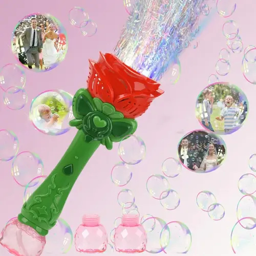 Bubble Wand Wedding Electric Bubble Maker Machine,Blingbrione 10 Holes Auto Bubble Blower Flower Rose Light-up Handheld for 3-16 Kids Girls Adults.Bubble for Party Outdoor, 2 Bubble Solution.