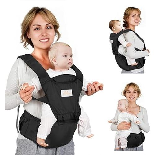 Baby Carrier, 6-in-1 Newborn to Toddler, Front and Back Carrier With Hip Seat, Adjustable One Size Fits All, Black