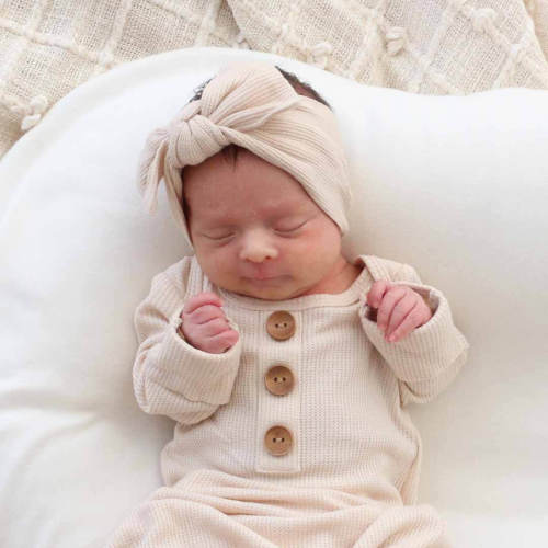 Oatmeal Bamboo Waffle Newborn Baby Knot Gown & Hat Set