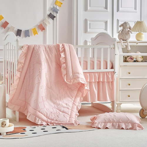 The Ruffled Shabby Crib Bedding Set for Girls, Baby Quilted Comforter with Fitted Sheet, Bed Skirt, and Pillowcase（Coral Pink）