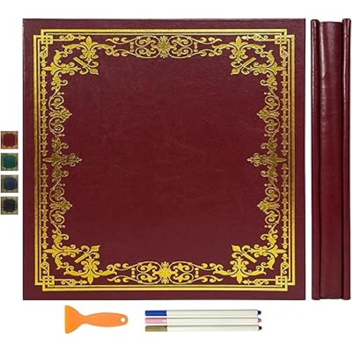 Vienrose Large Self-Adhesive Album Artificial Leather Cover Scrapbook Album 13.19"x12.8" Vintage Printed Memory Book DIY 120 Blank Pages with Three Metallic Pens, Red