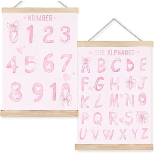 Pink Numbers 0-10 Alphabet Baby Learning Poster Wall Art Decor, Girl Nursery Decor, Coquette Pink Bow Learning Wall Decor Posters for Toddler Baby Girls Kids Room Playroom Homeschool, 12x16 Inch Set of 2