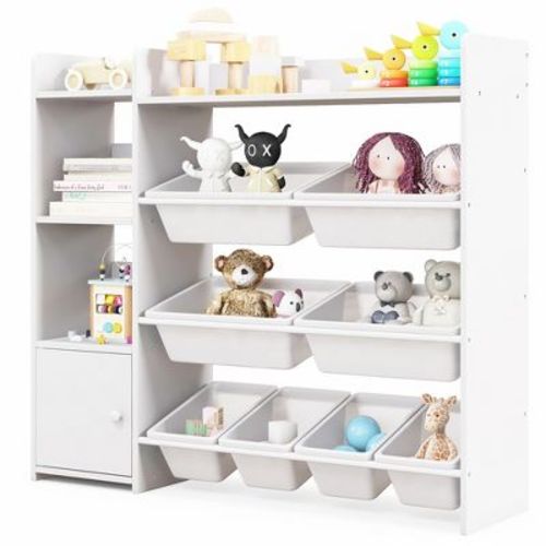 Costway 4-Tier Kids Toy Storage Organizer Bookshelf w/ 8 Toy Organizer Bins Door