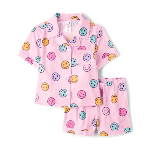 Girls Rainbow Happy Face Button Front Pajamas - Pink