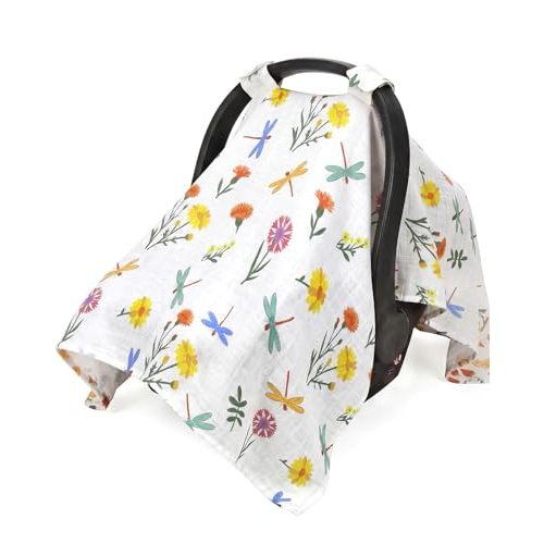 Rquite Car Seat Cover Baby Girl, Breathable Muslin Infant Carseat Canopy | 100% Muslin Cotton, Lightweight Breathable Soft, 47.2  35.4 Large Size, Stroller Sun Shade for Summer Hot Day, Dragonfly