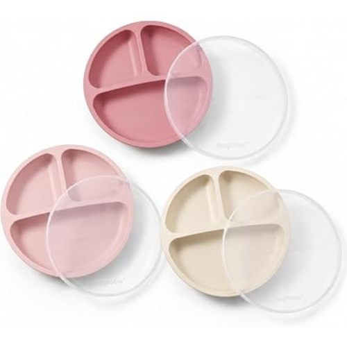 PandaEar 3 Pack Toddler Plates, Silicone Divided Suction Plate for Babies, BPA-Free 100% Food-Grade Silicone Unbreakable Baby Plate, Pink/Linen/Light Pink, With Lids