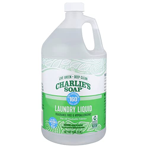 Charlie’s Soap Fragrance Free Laundry Liquid (160 Loads, 1 Gallon) | Natural Deep Cleaning Hypoallergenic Laundry Detergent – Eco-Friendly, Safe and Effective
