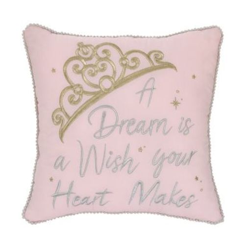 NoJo Disney Princess Enchanting Dreams Pink and Gold Embroidered Tiara Decorative Pillow with White Pom Pom Trim