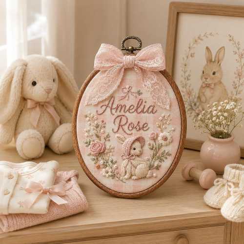 Personalized Embroidered Baby Name Hoop, Floral Gingham Nursery Decor, Keepsake