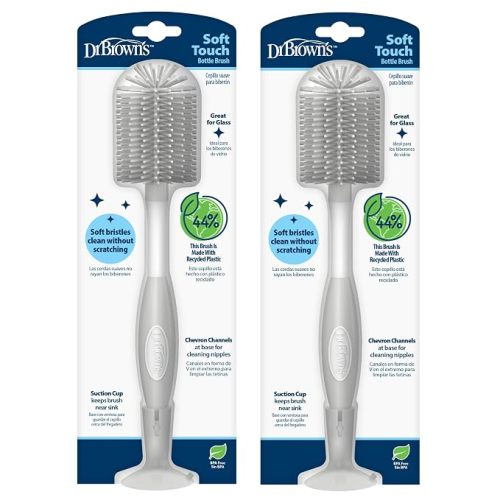 Dr. Brown's Soft Touch No Scratch Baby Bottle Cleaning Brush, Nipple Cleaner & Suction Cup Base for Easy Storage, BPA Free, Gray (Pack of 2)