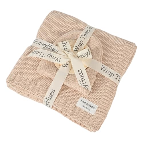 HomeyHues Luxury Baby Gift Set for Newborns - 100% Cotton Knit Blanket Essentials with Matching Beanie, Thoughtful Baby Shower & New Baby Gift for Boys & Girls (Sandy Beige)