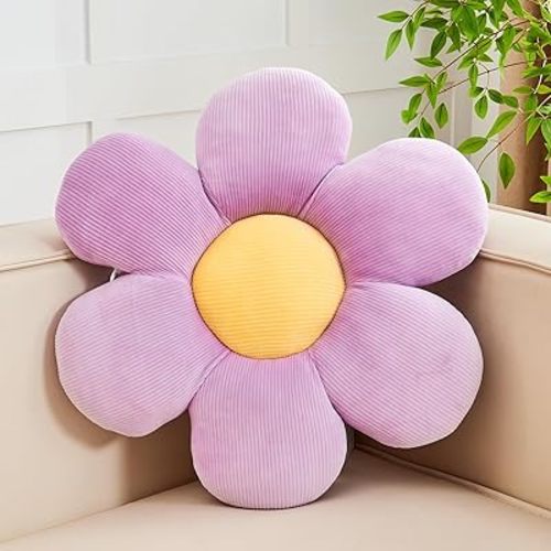 Purple Flower Pillow, 14.9" Cute Flower Shaped Floor Pillow, Aesthetic Floral Plush Daisy Decorative Throw Pillows for Bed Sofa Couch