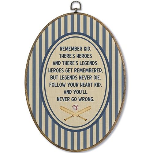 Fewgb Vintage Baseball Boys Nursery Inspirational Oval Wall Art Decor Framed, Baby Boys Toddler Kids Room Playroom Bedroom Canvas Wall Art Prints Picture, Sports Blue Striped Hanging Artwork 9x12