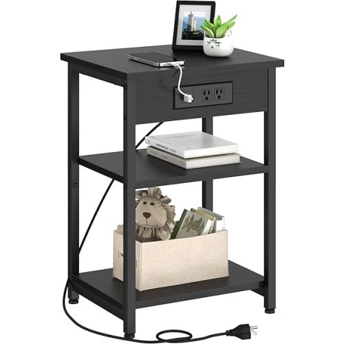 End Tables with Charging Station USB Ports, 3 Tier Tall Night Stand with Storage Shelves,Narrow Side Table for Small Space Living Room Bedroom Office, Record Player Stand, Black