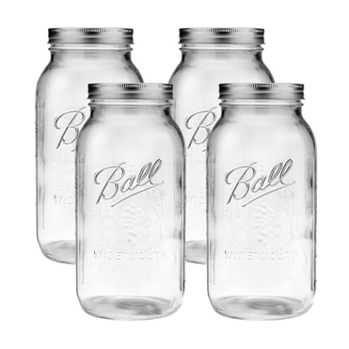 Ball Wide Mouth Glass Mason Jars with Lids and Bands, Used for Canning, Pickling, Juice, Jam, Jelly, Half Gallon Size 64 Ounce (Pack of 4)