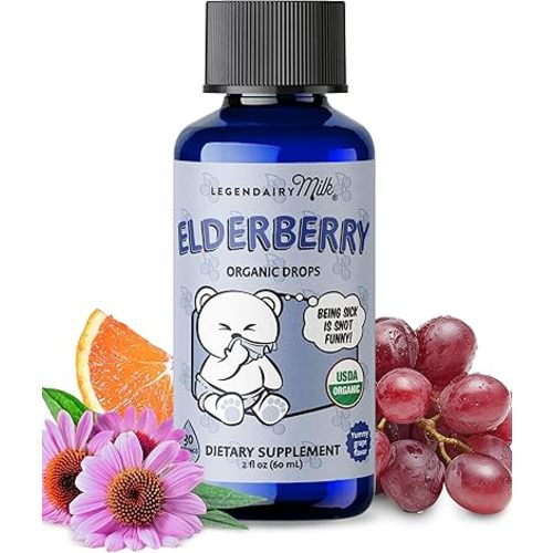 Legendairy Milk Elderberry Syrup Organic Liquid Drops for Babies & Toddlers, Immune Support Supplement Vitamin C, Zinc, Echinacea, Natural Baby Multivitamin Tincture Infant Immunity Kids 30 Servings