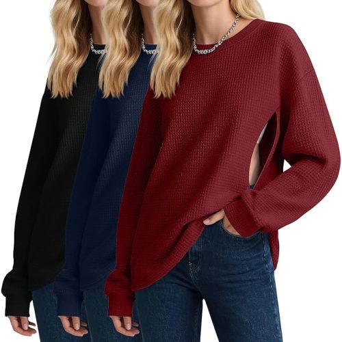 3 Pack Women's Oversized Nursing Tops, Waffle Knit Breastfeeding Zipper Sweatshirt Long Sleeve Maternity Shirts