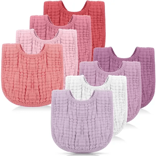 Frienda 8 Pcs Muslin Bibs Baby Cotton Bandana Drool Bibs Bulk for Boys Girls Newborn Infant 6 Absorbent Layers Bibs Feeding Accessories Teething Eating Supplies (Pink Purple Colors)