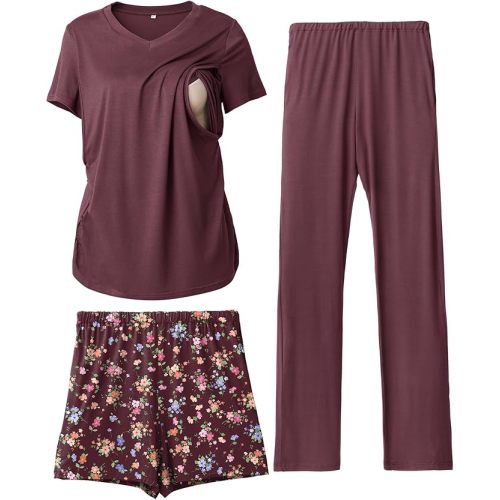 3 Piece Women's Maternity Nursing Pajamas Set V Neck Breastfeeding Pjs Sleepwear Postpartum Shorts&Pants Pockets