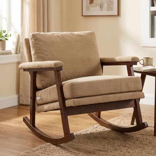 STHOUYN Modern Upholstered Rocking Chair with Solid Wood Frame | Comfy Cotton Linen Accent Chair for Living Room Bedroom, Ergonomic Glider Rocker for Small Spaces, Khaki
