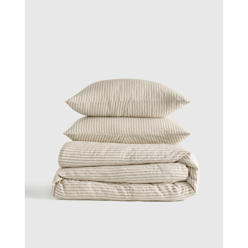 European Linen Stripe Duvet Cover Set in Willowleaf/White Stripe