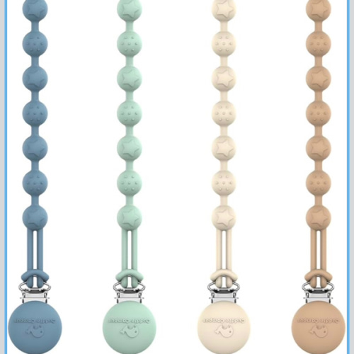 Cuddle Campus Silicone Pacifier Clip Holder with One Piece Design, Pack of 4 Soft Flexible Binky Clips with Texture Set 1(6M+)