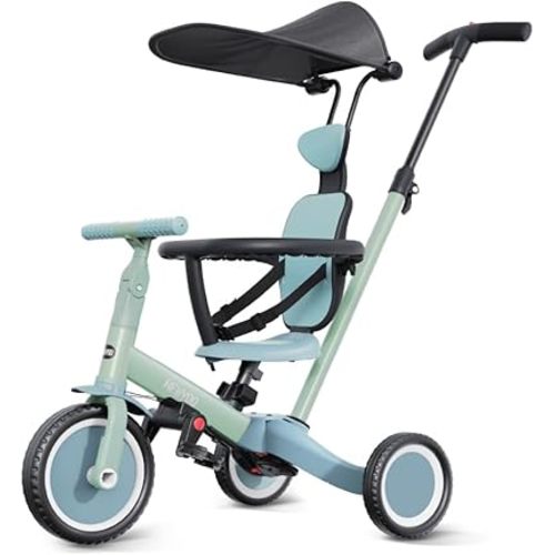 newyoo Toddler Bike, Tricycle for Toddlers 1-3, Toddler Tricycle with Push Handle and Canopy, Birthday Gift and Toys for Girl and Boy, 6 in 1 Baby Trike, Balance Bike, TR009, Green