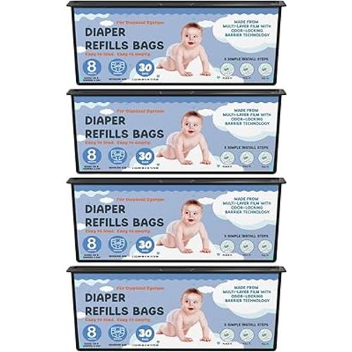Diaper Pail Refills Bags with 30 Bags Compatible with Genie Easy Roll Signature Diaper Pails and Platinum Diaper Pails, Lasts Up to 8 Months, 7-Layer Odor-Barrier Technology, 4 Pack (120 Bags)