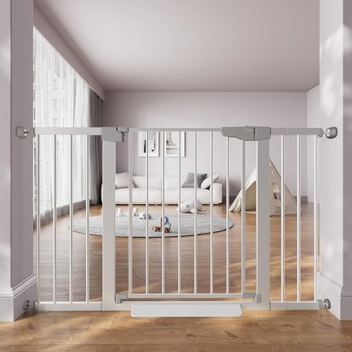 Cumbor 29.7-51.5 in Extra Wide Baby Gate for Stairs, Dog Gate Indoor Brown | Mom's Choice Awards Winner, Auto Close with Double Lock for Doorways, Child Gate for Toddlers & Pets, Pressure Mounted