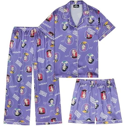 Get Trend KPop Demon Hunters Girls Pajamas Officially Licensed 3-Piece Huntrix PJs Set with Pants & Shorts, Satin Nightwear