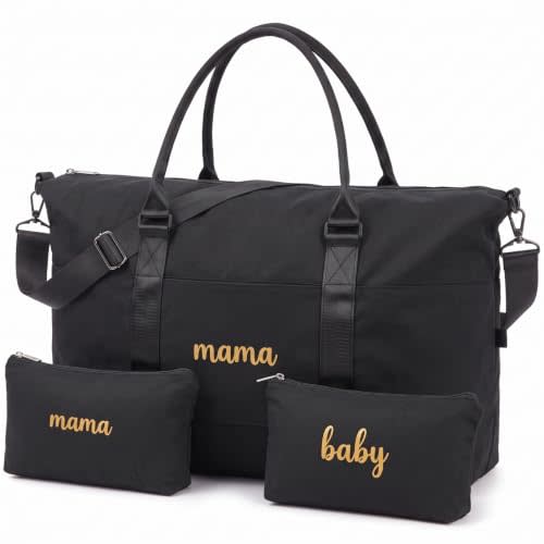 Hosuly Hospital Bag for Women Labor Delivery, Mom and Baby,Black | Maternity Weekender Bag, Waterproof Travel Duffle Bag with 2 Toiletry Pouches for Pregnancy Overnight Gym New Mom Gifts