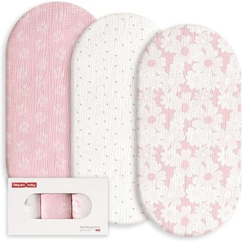 Gllquen Baby Muslin Bassinet Sheets 3 Pack, Breathable Elastic Cozy Fitted Cotton Bassinet Mattress Sheet for Baby Boy Girls, Fit for Hourglass Oval Rectangular Cradle Pad Sheets 33"x17" (Pink)