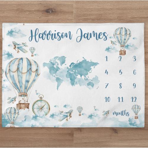 Air Balloon Milestone Blanket Personalized Baby Boy Month Blanket Airplanes Nursery Custom Age Newborn Calendar New Mom Baby Shower Gift
