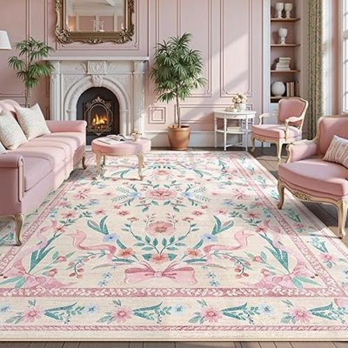 Pink Floral Bow Rug 8x10 for Living Room, Washable Non Slip Area Rug, Soft Boho Carpet for Bedroom, Kids Room, Nursery or Dining Room Decor