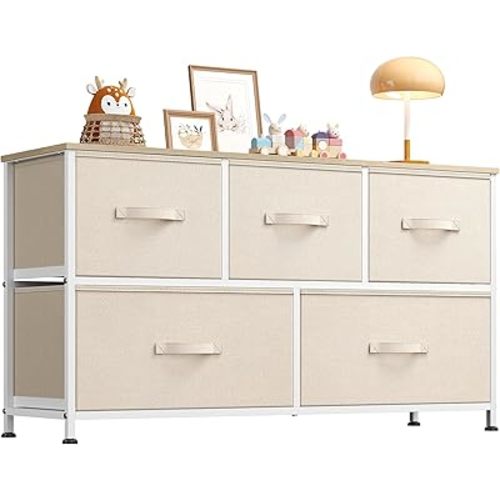 WLIVE Dresser for Bedroom with 5 Drawers, Wide Chest of Drawers, Fabric Dresser, Storage Organizer Unit with Fabric Bins for Closet, Living Room, Hallway, Cream White