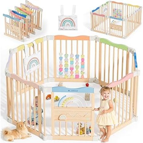Foldable Wooden Playpen - Adjustable Wood Baby Play Yard Without Door, Indoor Large Safety Fence for Babies and Toddlers - Easy Assembly, 8 Panels, Rainbow Dream