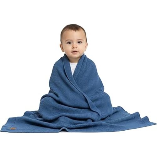 100% Organic Cotton Baby Knitted Blanket with Gift Box - Soft Toddler, Crib, Stroller Blanket - Neutral Swaddle and Receiving Blanket for Newborns, 30"x40", Aegean Blue