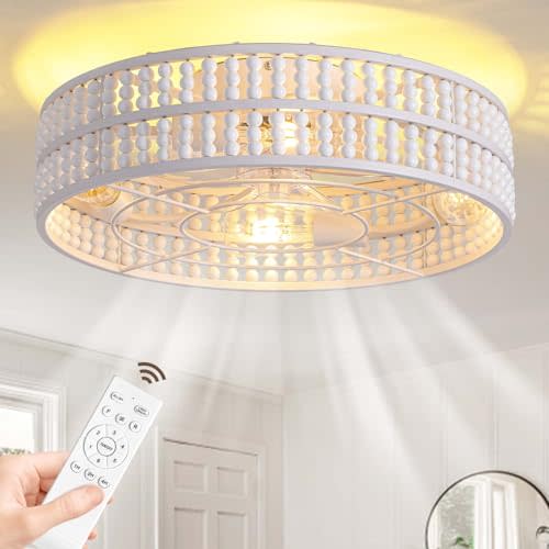 19 inch Boho Wood Beaded Fandelier White Wood Beaded Ceiling Fan with Light Boho Fandelier 6 Speed Flush Mount Ceiling Fan with Light for Livingroom Bedroom