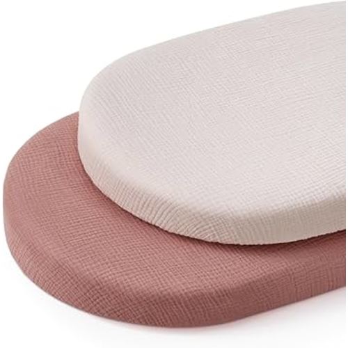 Blissful Diary Muslin Bassinet Sheets for Baby Girls Boys, Boho Soft Cotton Fitted for Oval Hourglass Rectangle Mattress, 2 Pack(Dusty Pink&Cream)