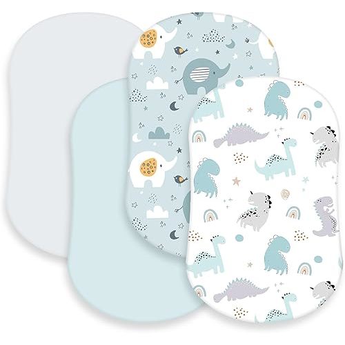 4 Pcs Baby Bassinet Sheets Soft Fitted for Baby Boys Girls Soft Cotton Animals Bassinet Sheet Cover Safe Comfort for Standard Rectangular Mattress Cradle, Elephant, Dinosaur